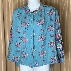Blue Floral Button Down Blouse w/ Flutter Sleeves